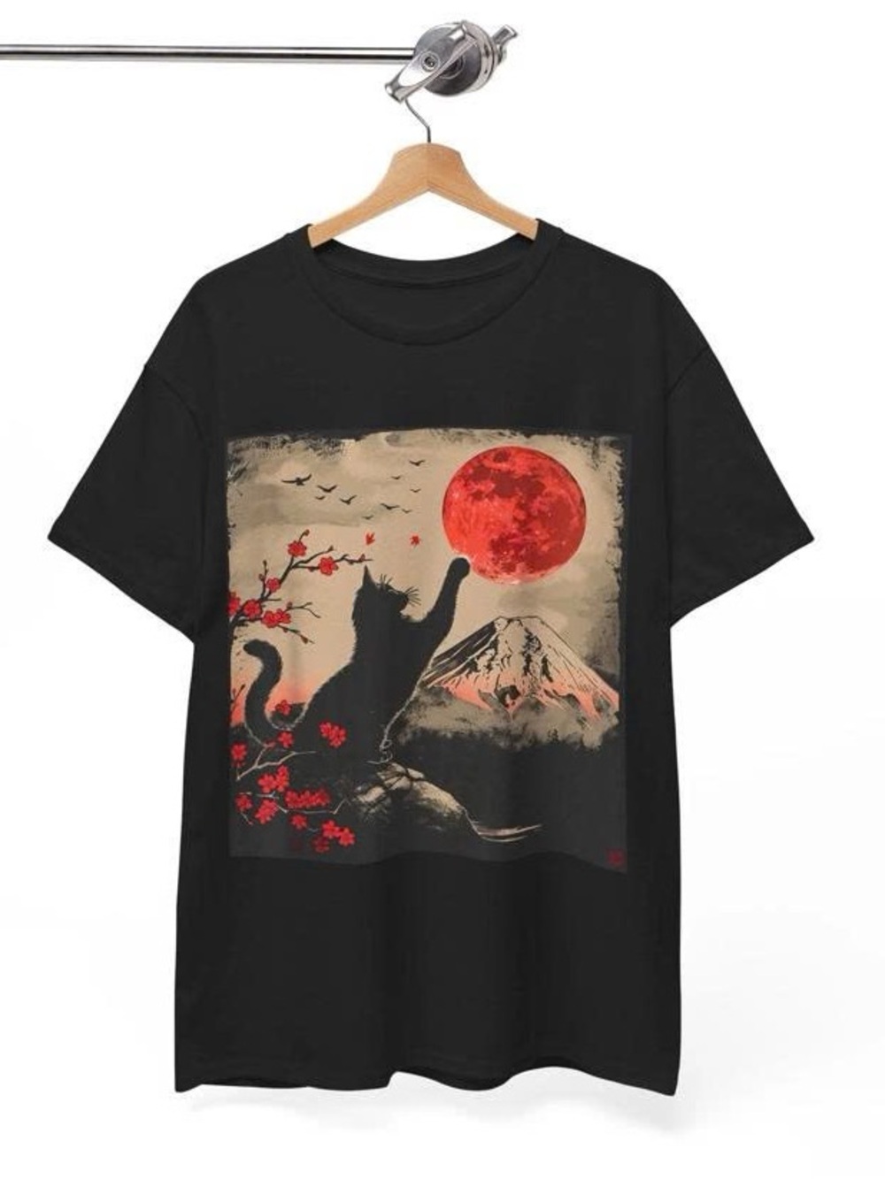 Tee with Red Moon & Cat Graphic